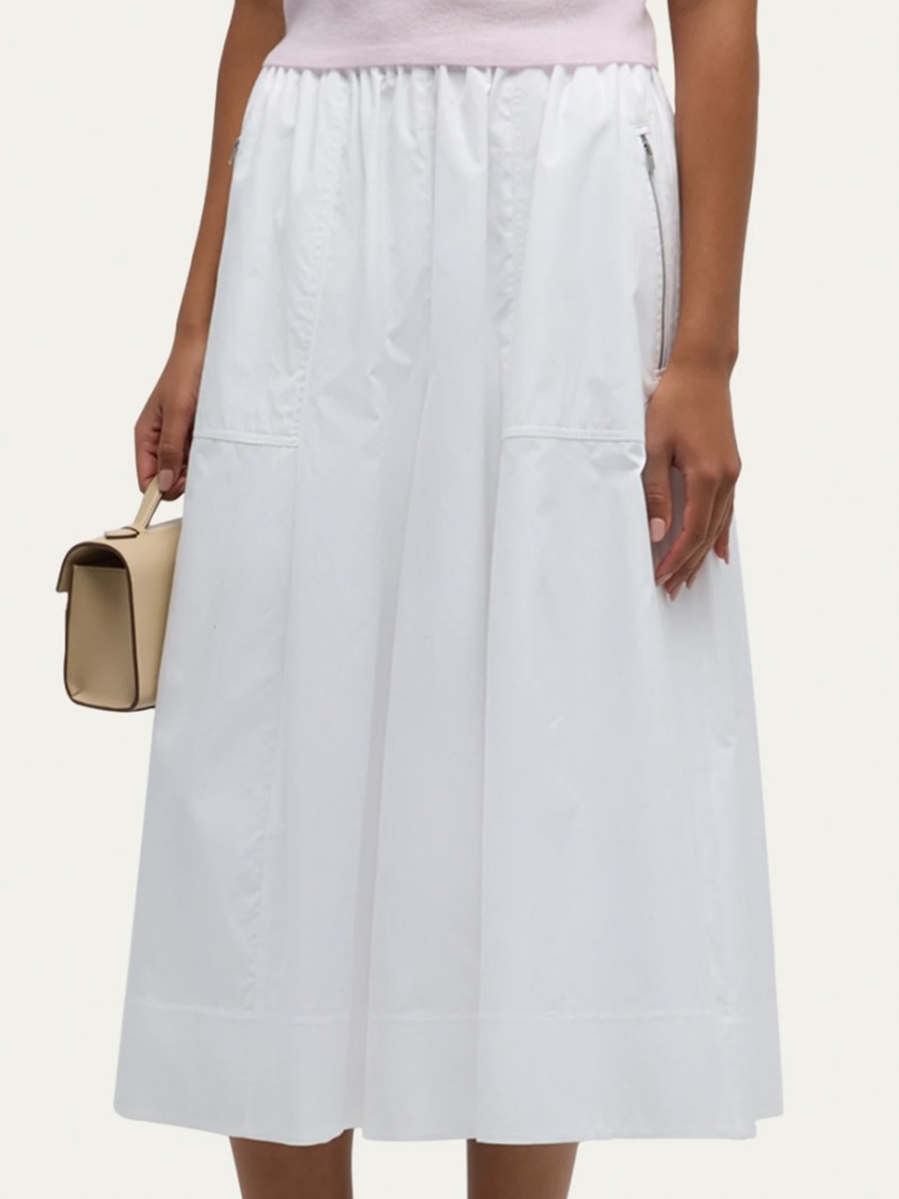 Vince White Gathered Utility Zipper Pocket Poplin A-Line Midi Skirt